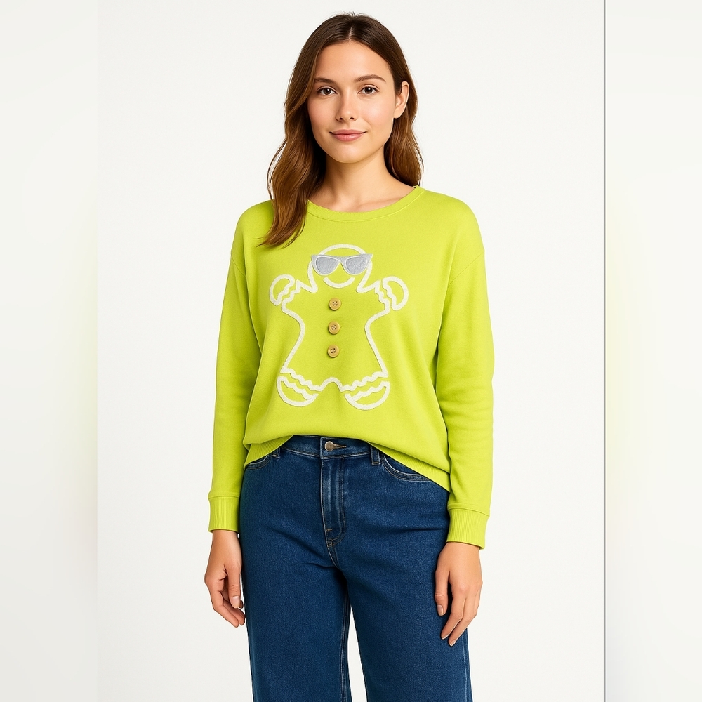 Jane + Delancey Chartreuse Long Sleeve Gingerbread Top Size M | Playful Holiday
